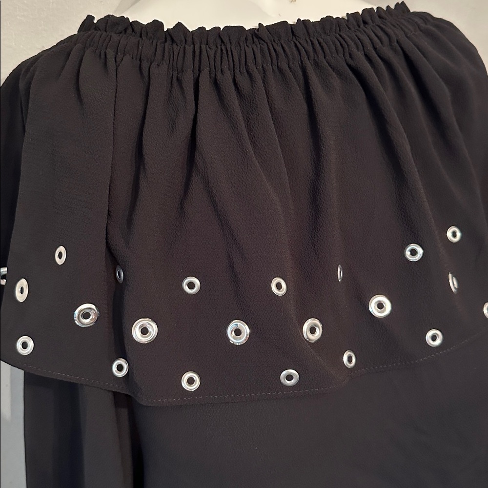 NY Collection Black Off-Shoulder Blouse with Eyelet Details - Picture 3 of 4